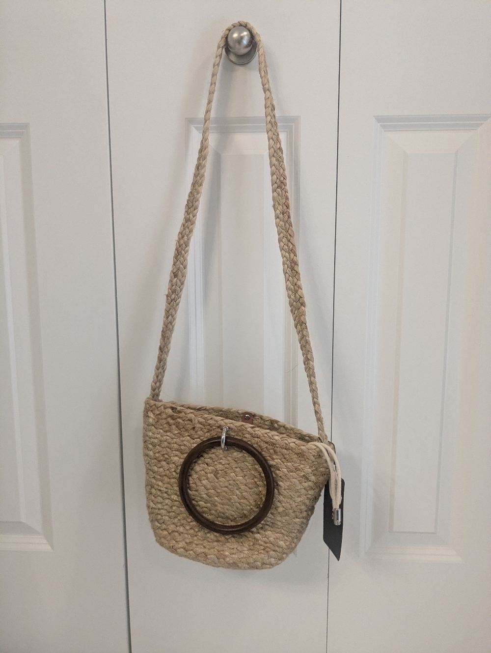 Zara Natural Woven Crossbody Bag with Wooden Ring